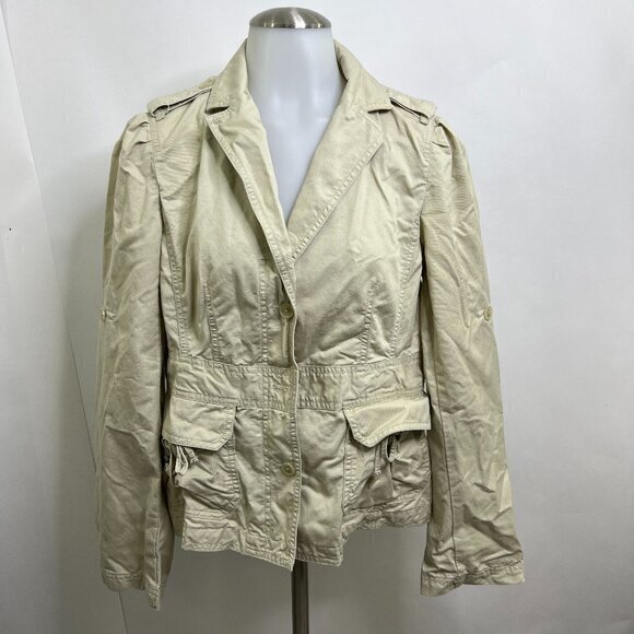 Ann Taylor Loft Jacket M Tan Khaki Button Pockets Beige Coat Lightweight Tie - Picture 1 of 14